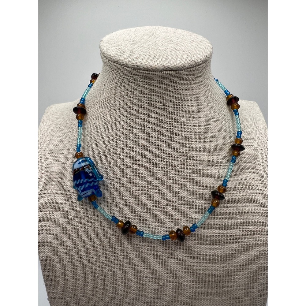 Artisan Fish Lampwork Glass Bead Necklace Boho Coastal‎ Beachy Blue Aqua Glass